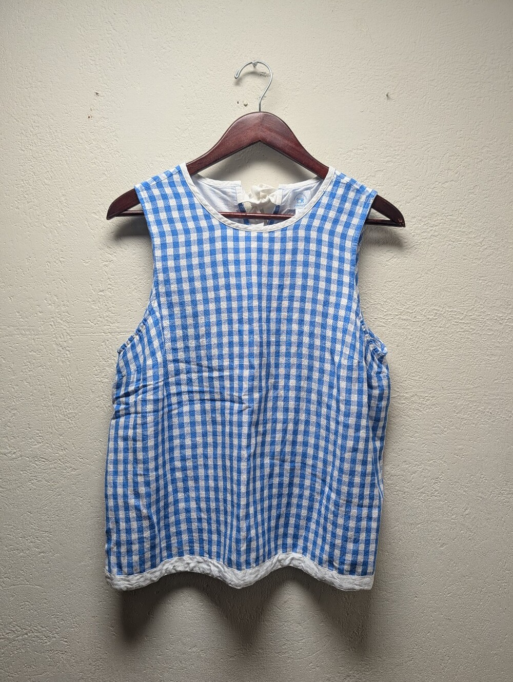 Sewing Down South Gingham Check Sleeveless Top Sz Med Blue White Linen Blend